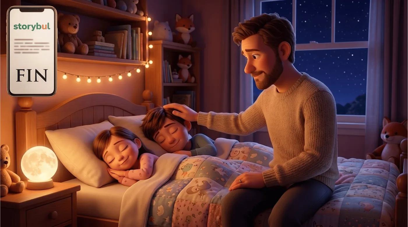 Papa qui borde ses enfants endormis après l'histoire